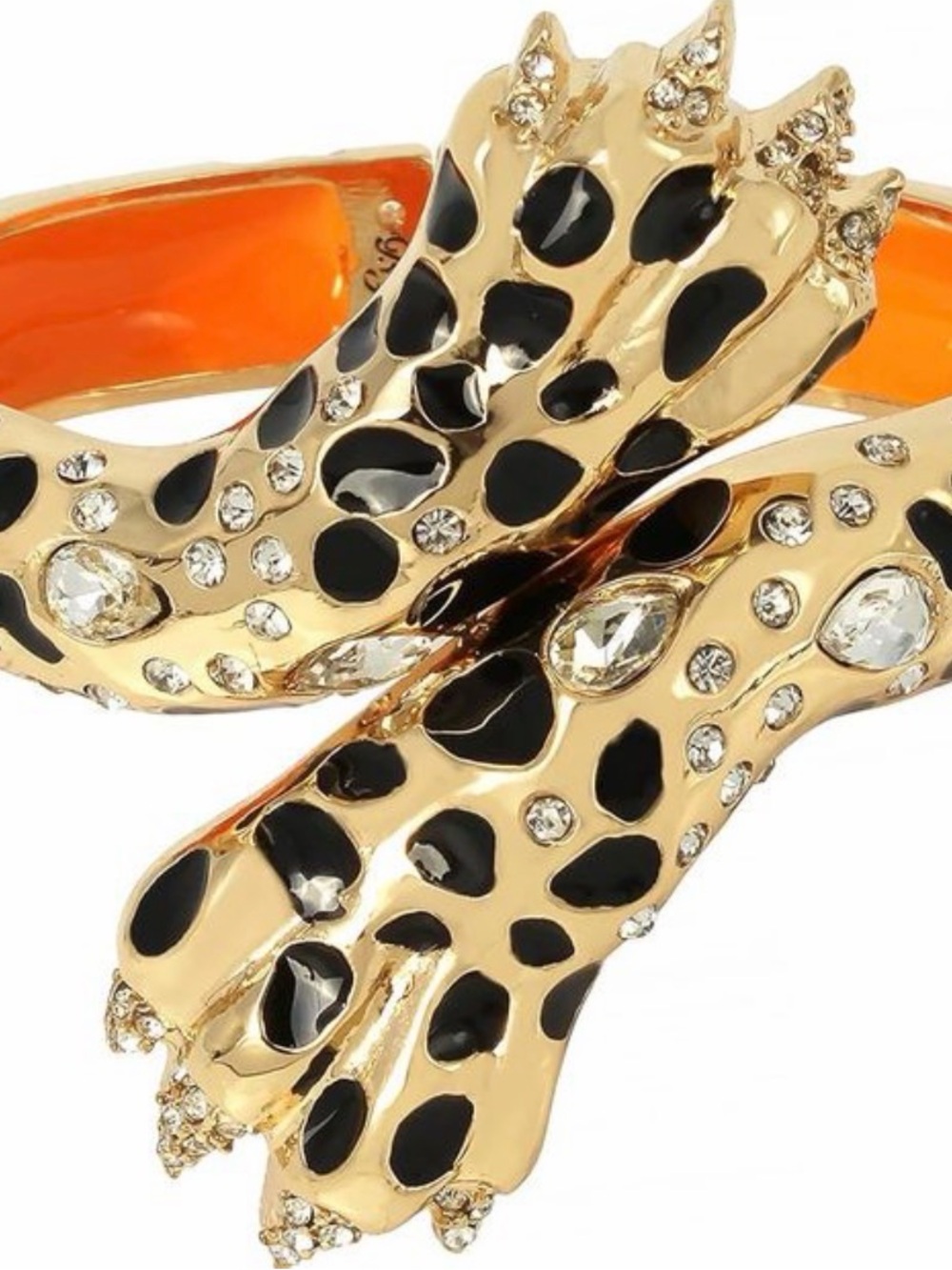 Betsey Johnson Gold and Black Leopard Crystal Cuff Bracelet with Orange Interior